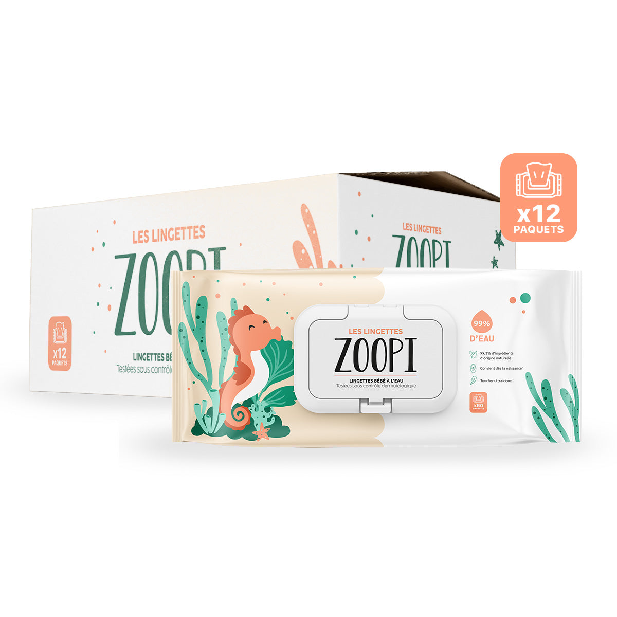 Carton de 12 paquets de lingettes à l'eau ZOOPI